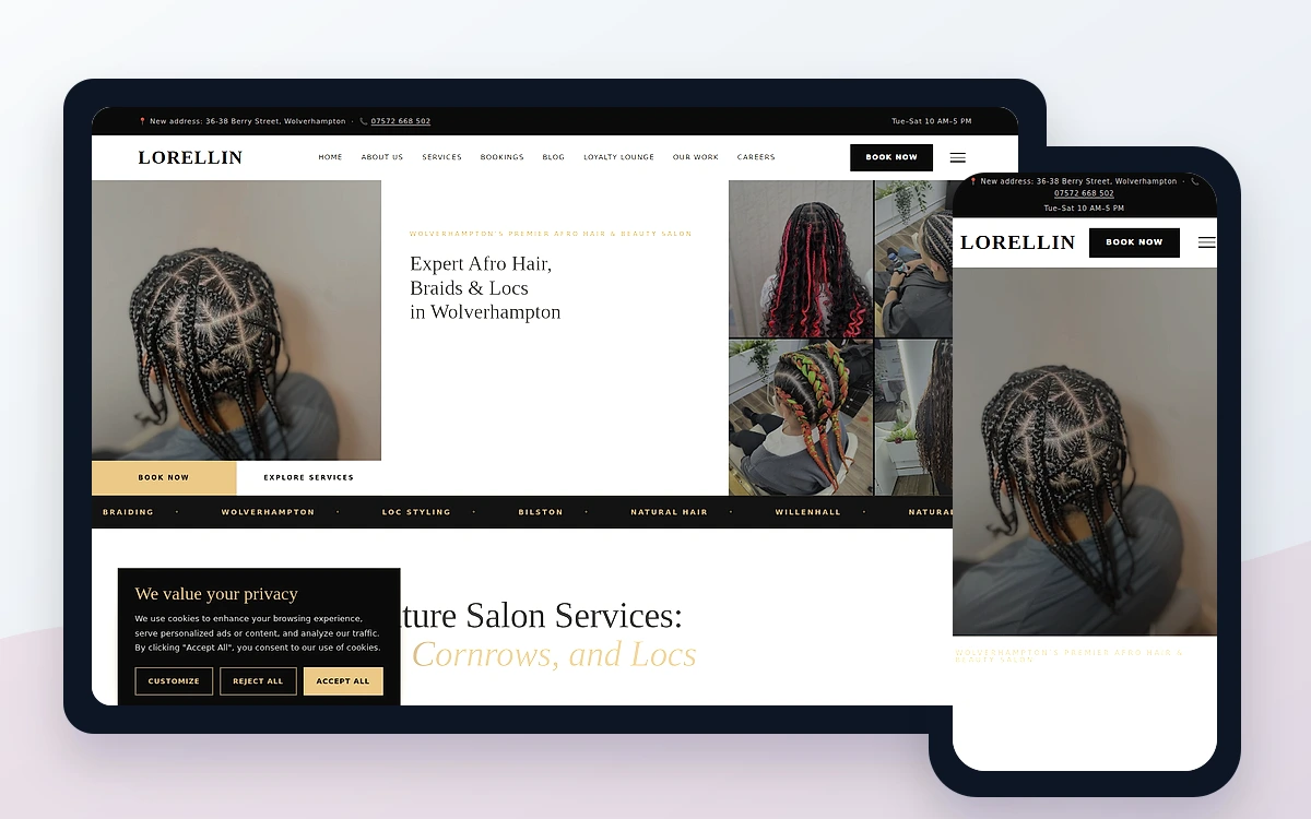 Lorellin Hair & Beauty website and booking journey shown on a phone and laptop