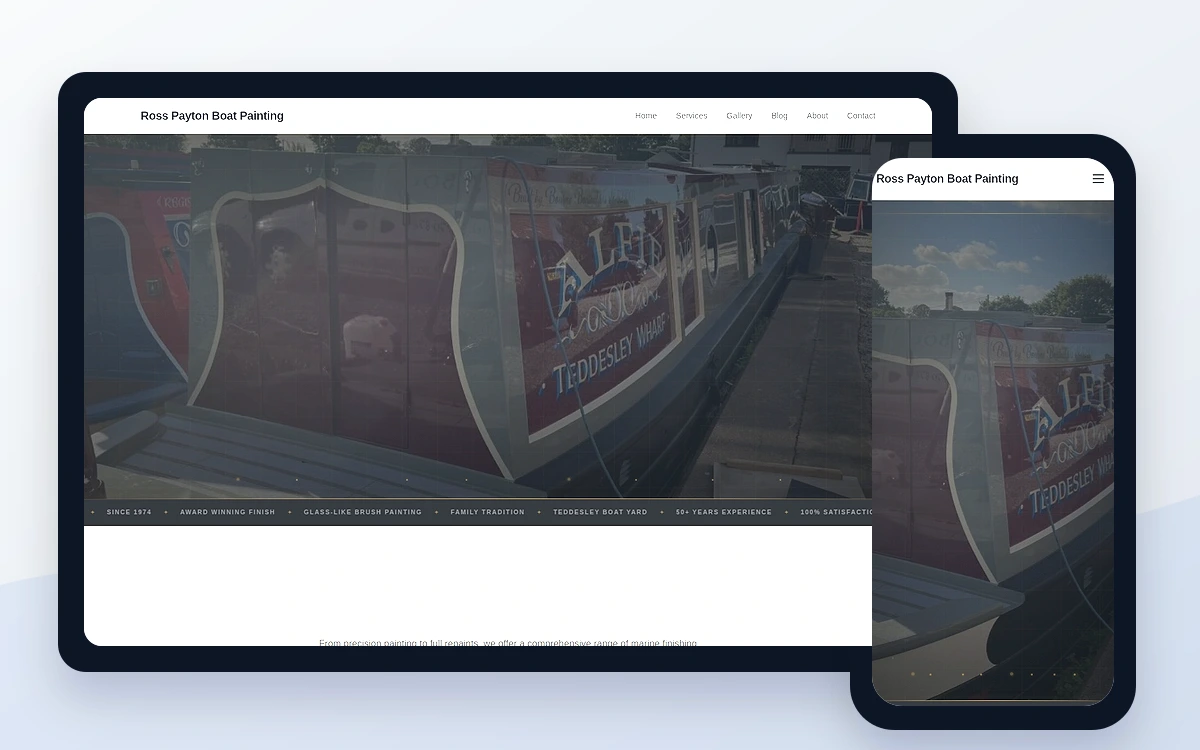 Ross Payton Boat Painting portfolio website shown on a laptop beside a freshly painted boat