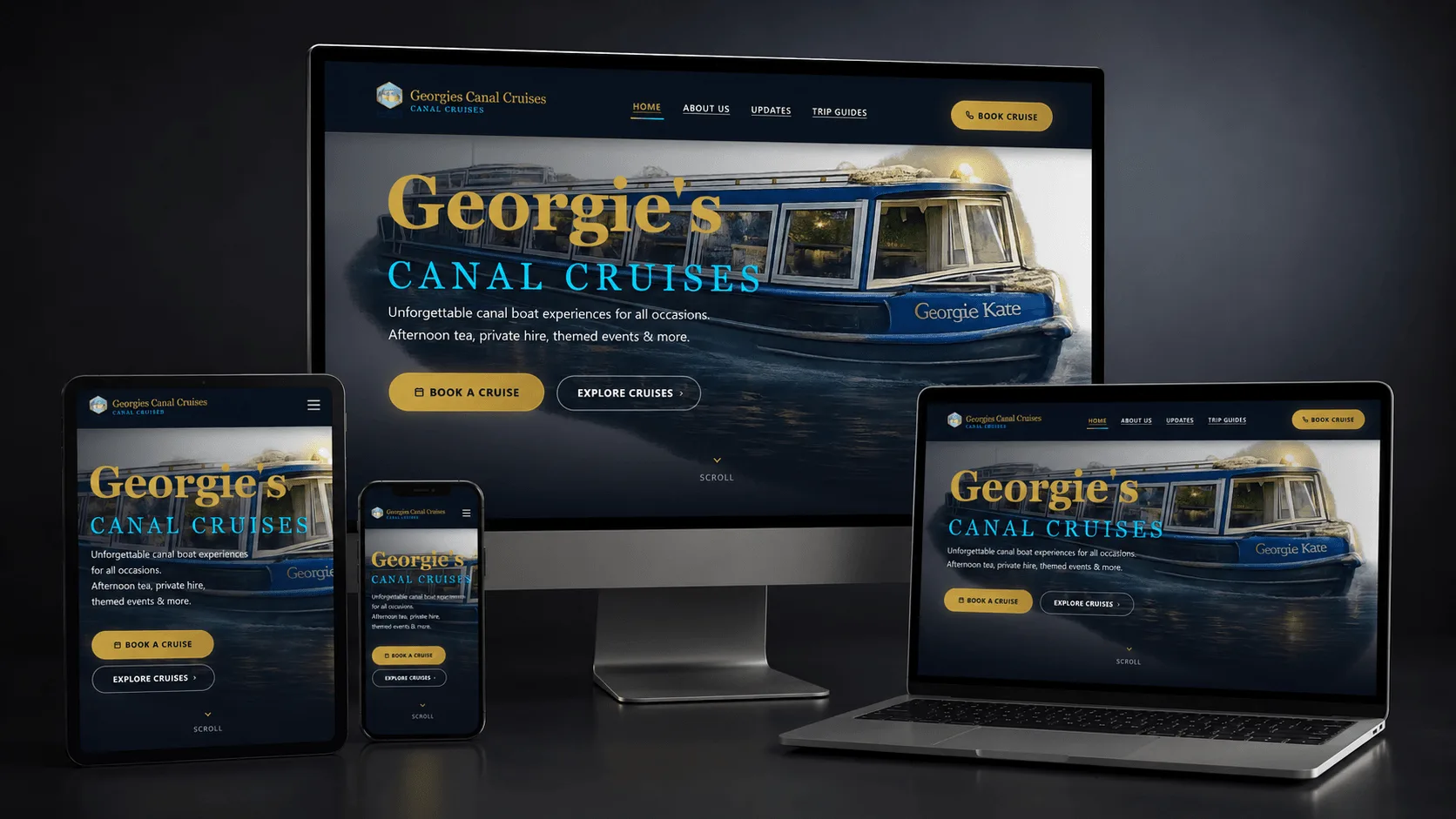 Georgie’s Canal Cruises custom website homepage showing canal cruise booking and event content