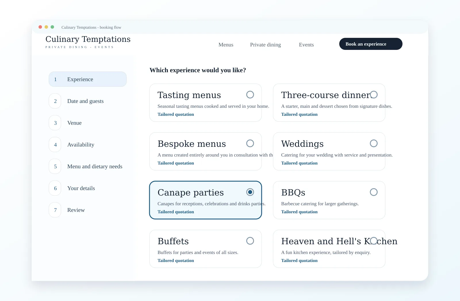 Culinary Temptations booking flow for private chef experiences, dates, venues, menus and dietary needs