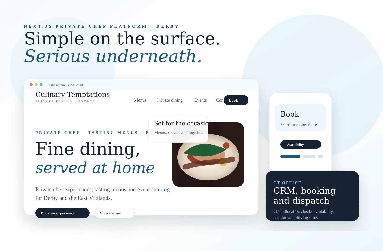 Culinary Temptations Next.js private chef website and booking platform shown as a responsive showcase by VV Design