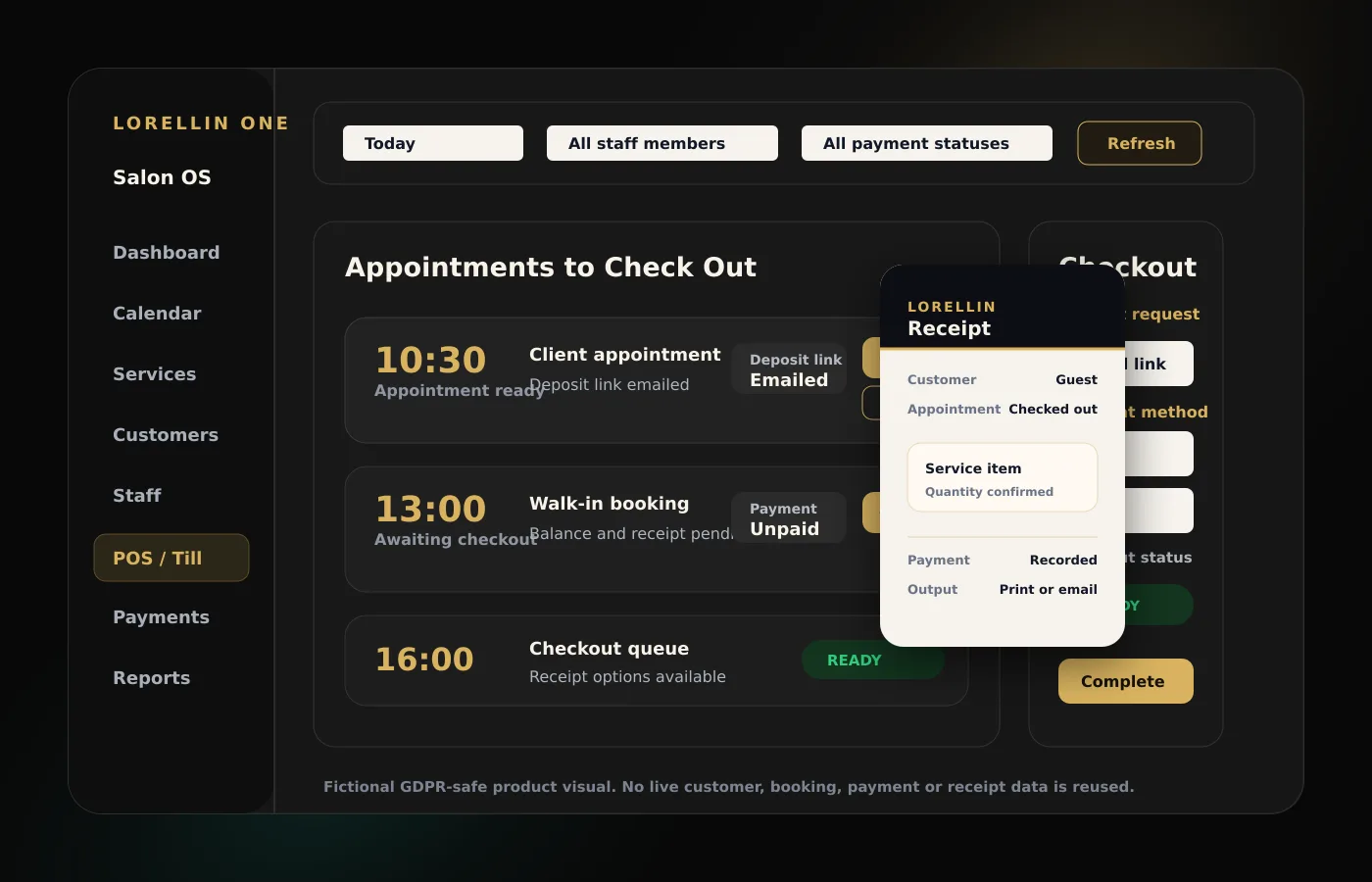 GDPR-safe Lorellin One interface mockup showing deposit payment links, appointment checkout, payment method selection and receipt output