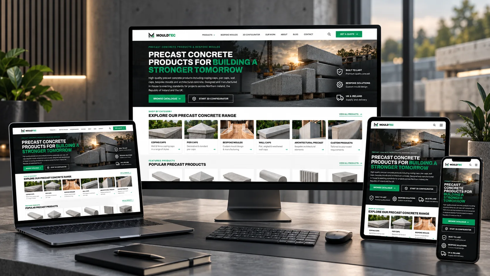 MouldTec precast concrete product catalogue and 3D configurator platform shown across desktop, tablet and mobile, designed and developed by VV Design