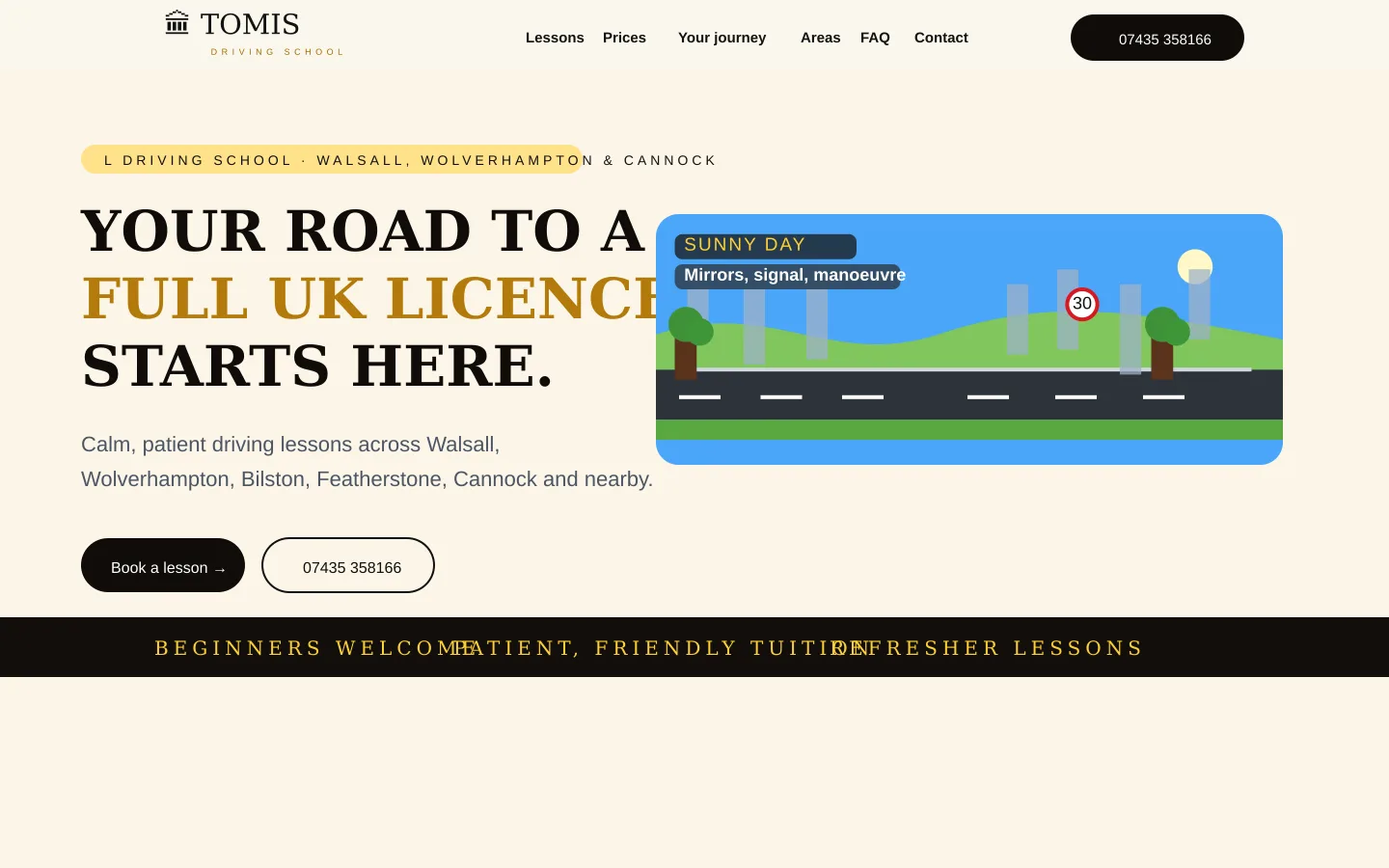 Tomis Driving School desktop website homepage with local SEO messaging for Walsall, Wolverhampton and Cannock