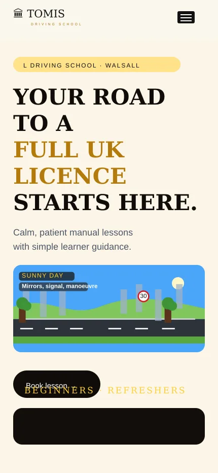 Tomis Driving School mobile website layout for learner drivers looking for lessons on a phone
