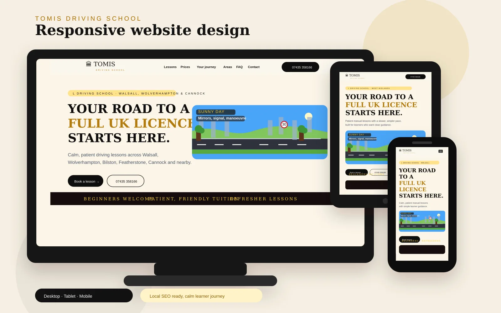 Tomis Driving School responsive website design shown on desktop, tablet and phone by VV Design