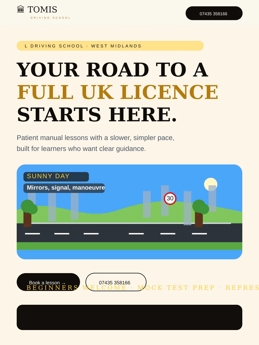 Tomis Driving School tablet website layout showing patient driving lesson messaging and booking actions