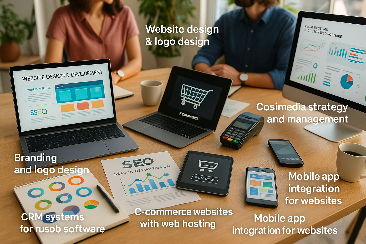 Modern office desk with laptops, tablets, and mobile devices displaying website design, logo design, e-commerce, SEO, CRM, and digital marketing services by VV Design in Wolverhampton, UK.
