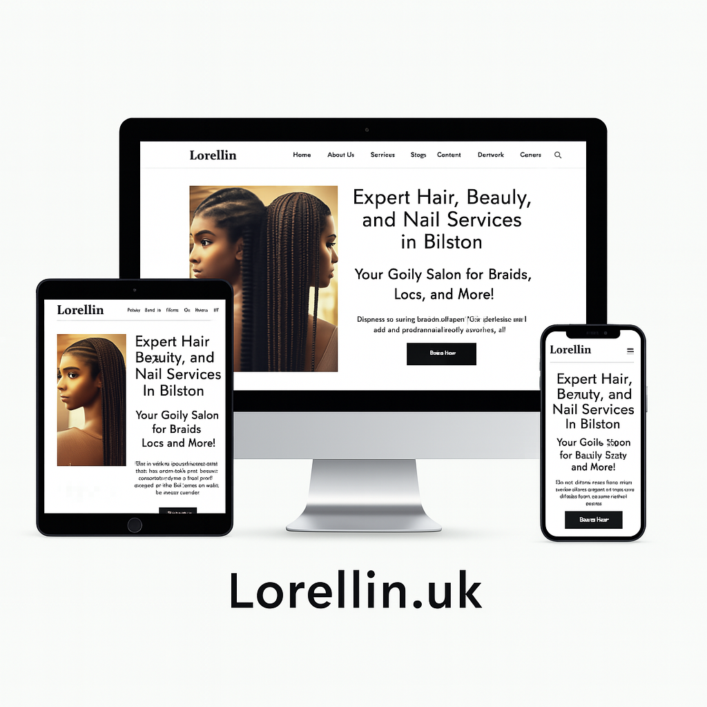 Responsive website design for Lorellin.uk, a Bilston hair and beauty salon, by VV Design. Shown on desktop, tablet, and mobile devices, featuring a custom beauty salon booking system and calendar.